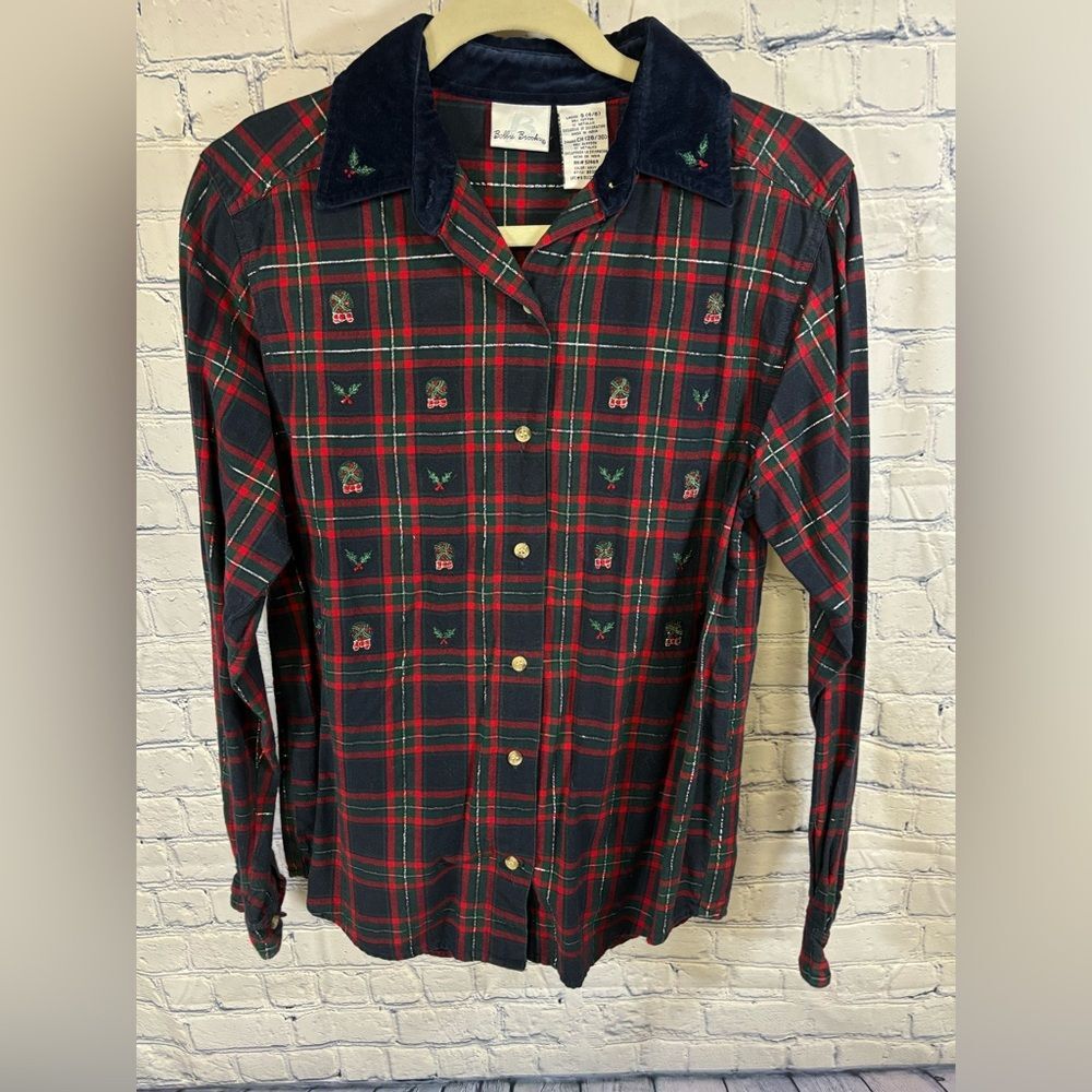 Bobbie Brooks Velvet Collar Embroidered Plaid Holiday Button Up 80s Top Size S